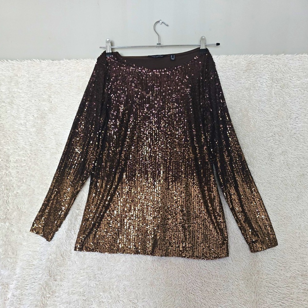 Susan Graver Occasions Sequin Ombré Boat Neck Long Sleeve Top Brown/Gold S